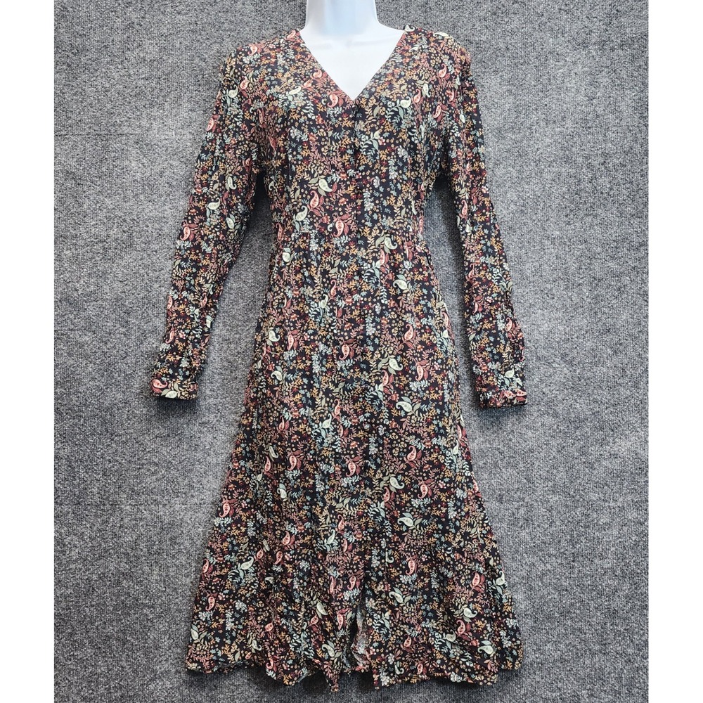 J. Jill Women's Floral Paisley Rayon Boho Peasant Midi Dress Long Sleeve Size S